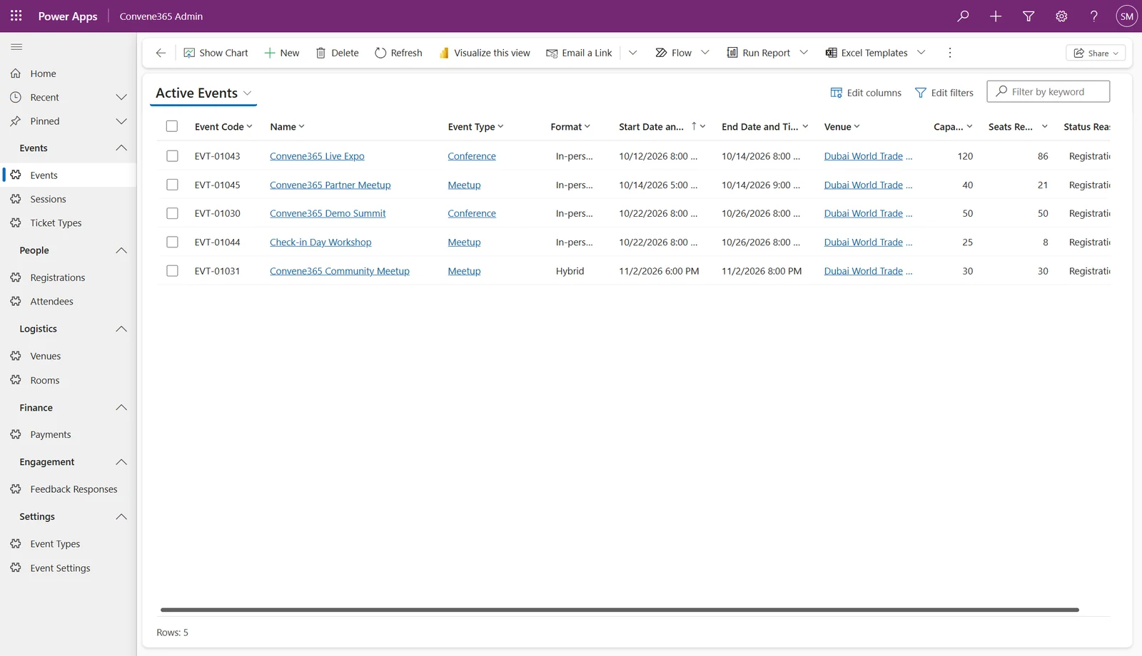 Convene365 Admin app showing the events workspace