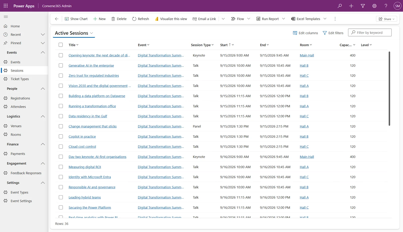 Sessions in the Admin app showing a summit agenda across rooms