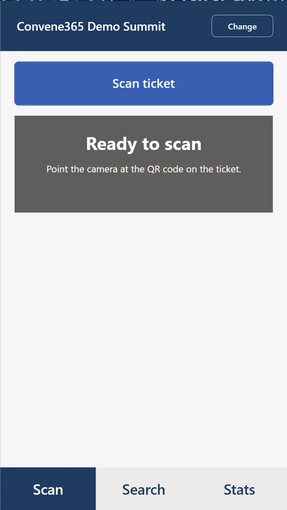 Convene365 check-in app ready to scan a ticket