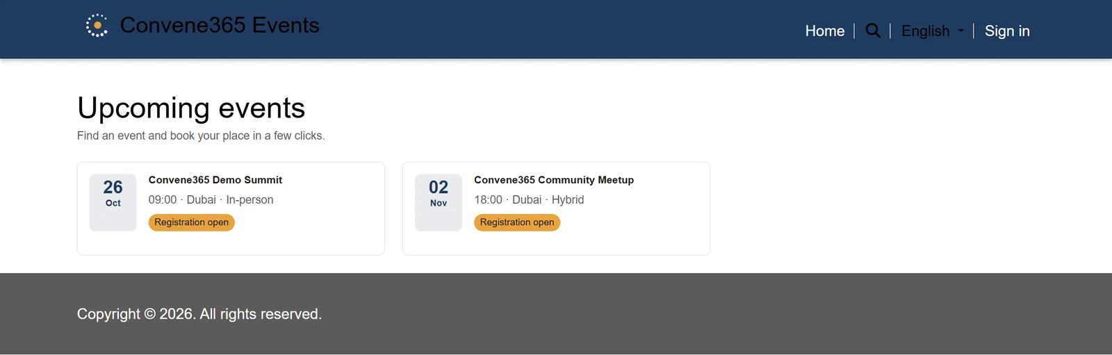 Convene365 attendee website with upcoming events
